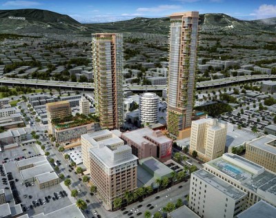 TWO sleek towers are proposed on each side of Vine St.