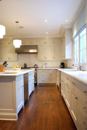 MARBLE  countertops were honed, oak floors are stained.