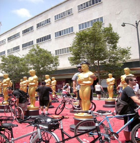 GIANT OSCARS lined the front of the site of the new movie museum at LACMA.