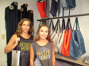 BEER-FILTER CLOTH is ideal for bags, says Jennifer Silbert and Lisa Siedlecki with some of their fall collection.
