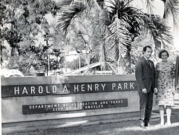 AT PARK DEDICATION in 1966 are bust sculptor Henry de la Vega and Henry’s secretary Vivian Van Ausdall.