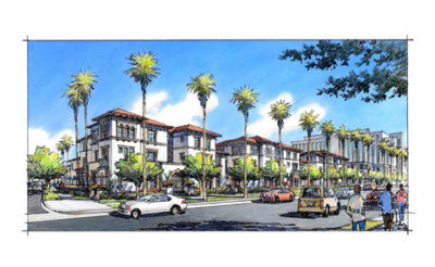 PROPOSED use of the vacant parking lots per CIM Group’s October 2015 applications to the City. Shown are the three triplex buildings and several townhouses along Wilshire. View looking southwest.