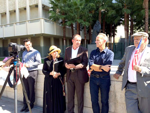 AT CEREMONY bidding farewell to Miracle Mile median trees, were, from left, Lyn MacEwen Cohen, Randy Murphy and Walter Marks III.