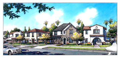 FOUR OF SIX new houses on Eighth St. are shown in a recent conceptual street scene from CIM Group's architects.