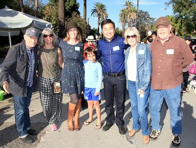 EFT TO RIGHT: Nigel Dick, WVA board member; Holly Holyk, Block Party Committee member; Sarah Dusseault, chief of staff to Councilman David Ryu and son Cale; Councilman  Ryu; Ginger Tanner and her friend, Tom.            Photos  by Rick Kraemer.