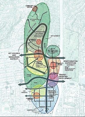 DRAFT MASTER PLAN for the West Los Angeles VA campus features different zones, with a secure and protected community of permanent supportive housing, with its own neighborhood services, on the "high ground" in the northern part of the property.
