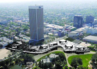 DRAWING shows proposed building design that spans Wilshire.