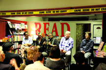CRIME SCENE yellow tape was in evidence for the Chevalier’s Books discussion by four of the 15 crime writers of “The Highway Kind:" left to right, Ben Winters, Sara Gran, Gary Phillips and Michael Connelly with moderator Patrick Millikin.